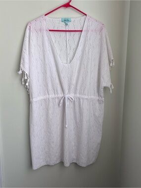 Aqua Blu White Eyelet V-Neck Swim Coverup with Tassel Trim